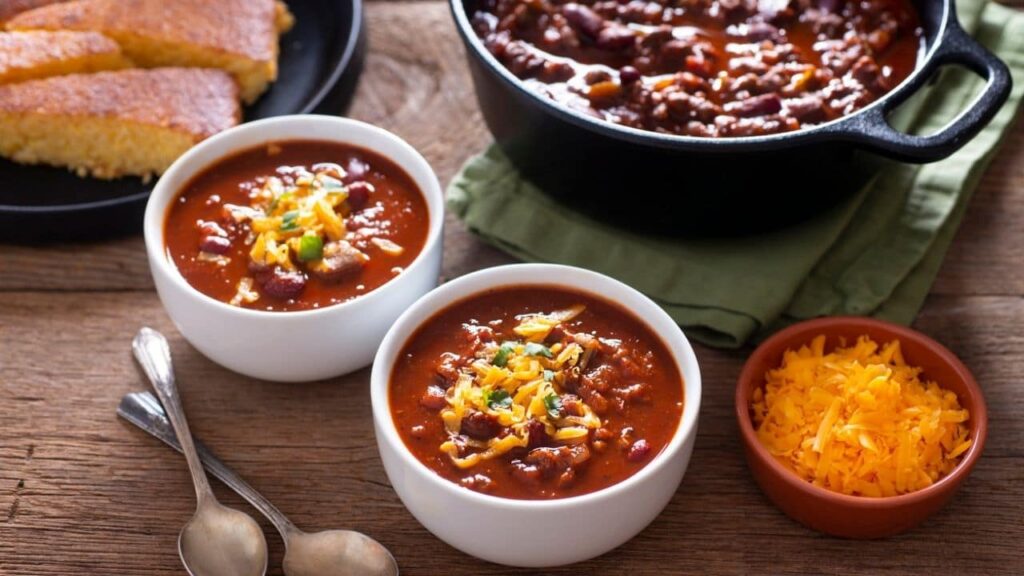 2 bowls of vegan chili in the Crock Pot