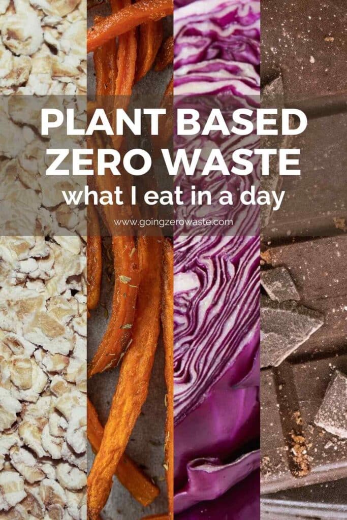 A photo collage of plant based foods with overlay text reading "Plant Based - Zero Waste - What I Eat In A Day"